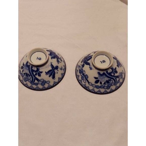Japanese Rice Bowls Bonsai Boys Cobalt Blue On Bright White 4.75" x 2" Set Of 2 - Picture 3 of 6